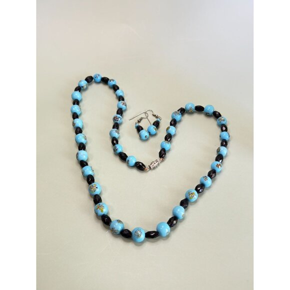 Blue & Black Glass Beads Hand-Painted Embossed Design Jewelry Set 24" - Picture 6 of 6
